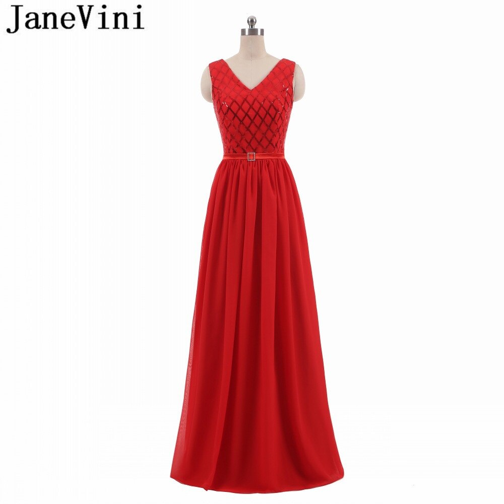 JaneVini 새로운 레드 스팽글의 들러리 드레스 긴 a 라인 새시 반짝 이는 v-목 여성 쉬폰 웨딩 파티 드레스 Vestido Gasa Largo
